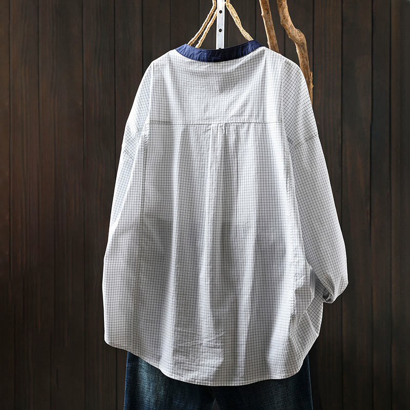 Buddha Stonesチェック柄 コントラストボタンダウン 長袖 レディース コットンシャツ - image 4