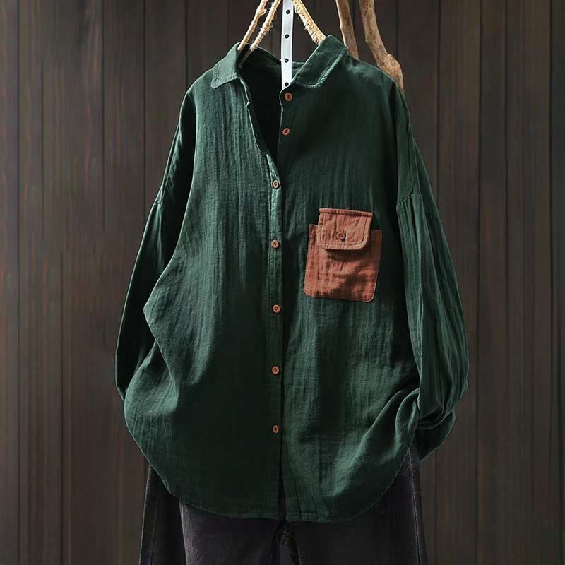 Buddha Stones秋 コントラストポケット ボタンダウン ロングスリーブ レディース コットンシャツ - ミディアムシーグリーン - US4-8/10、 UK/AU8-12/14、 EU36-40/42 (F) - image 0