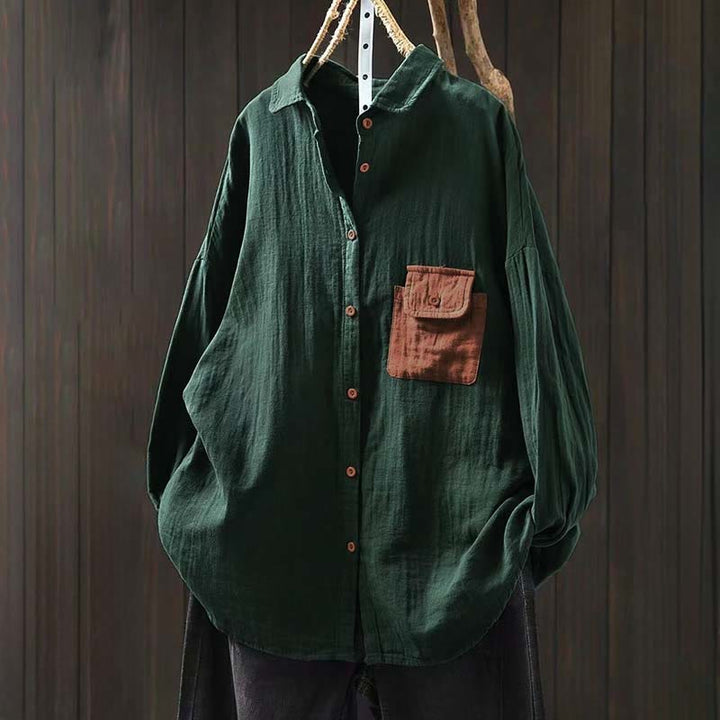 Buddha Stones秋 コントラストポケット ボタンダウン ロングスリーブ レディース コットンシャツ - ミディアムシーグリーン - US4-8/10、 UK/AU8-12/14、 EU36-40/42 (F) - image 0