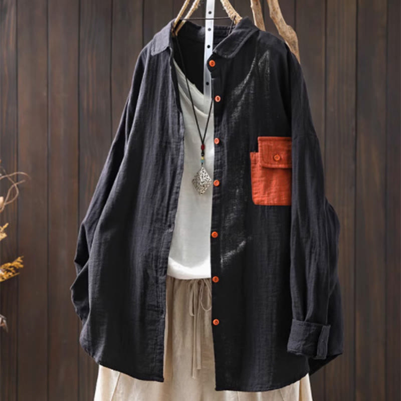 Buddha Stones秋 コントラストポケット ボタンダウン ロングスリーブ レディース コットンシャツ - 黒 - US4-8/10、 UK/AU8-12/14、 EU36-40/42 (F) - image 18