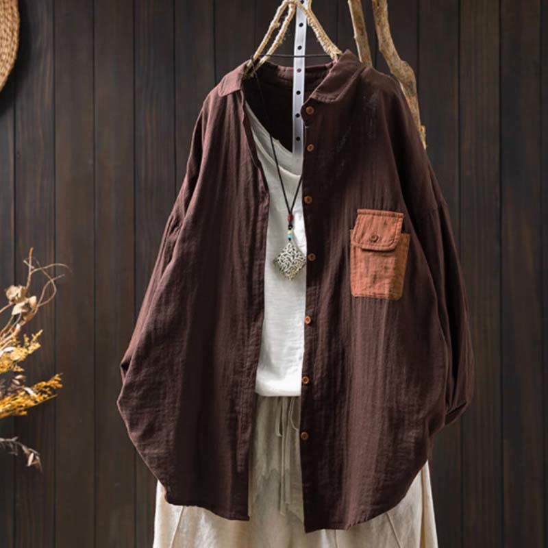 Buddha Stones秋 コントラストポケット ボタンダウン ロングスリーブ レディース コットンシャツ - サドルブラウン - US4-8/10、 UK/AU8-12/14、 EU36-40/42 (F) - image 20