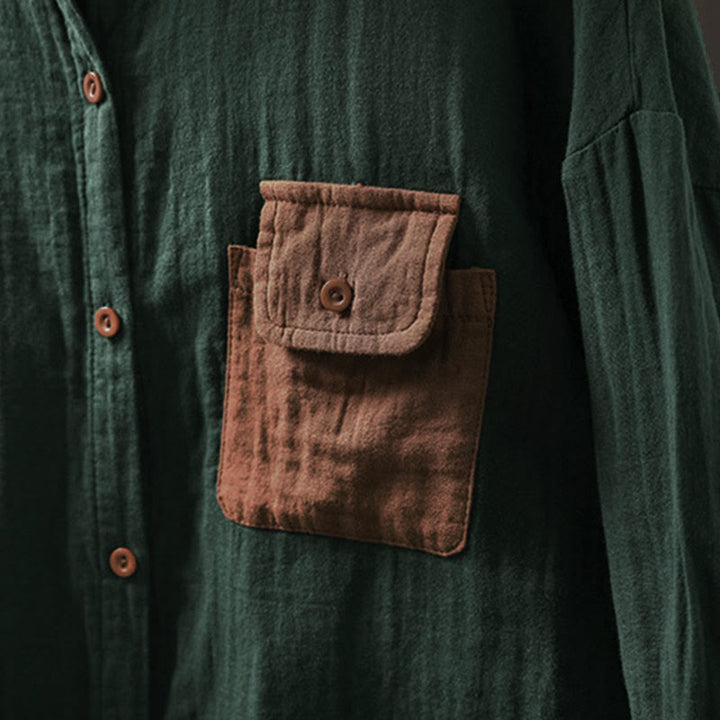 Buddha Stones秋 コントラストポケット ボタンダウン ロングスリーブ レディース コットンシャツ - image 6