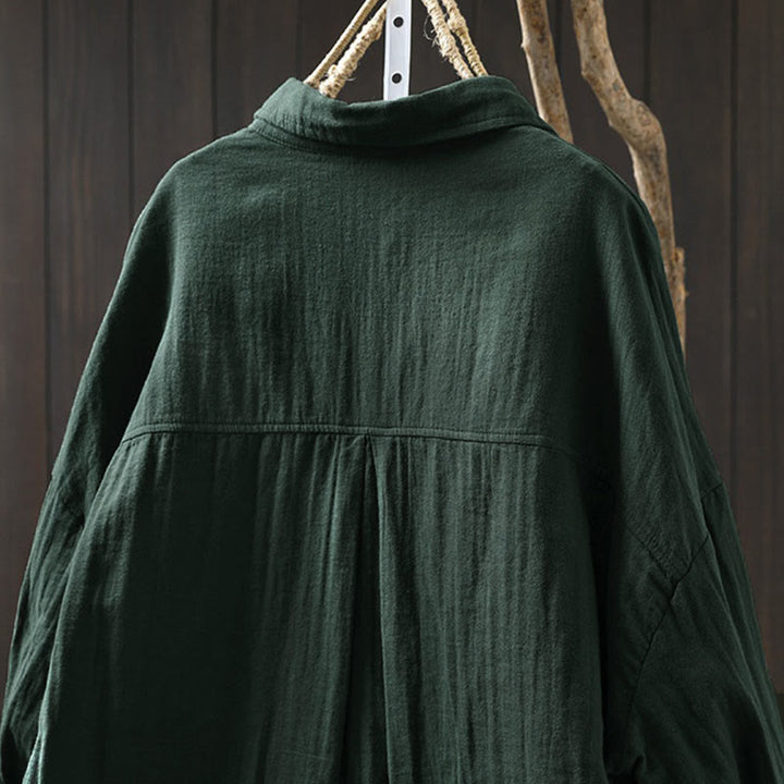 Buddha Stones秋 コントラストポケット ボタンダウン ロングスリーブ レディース コットンシャツ - image 3