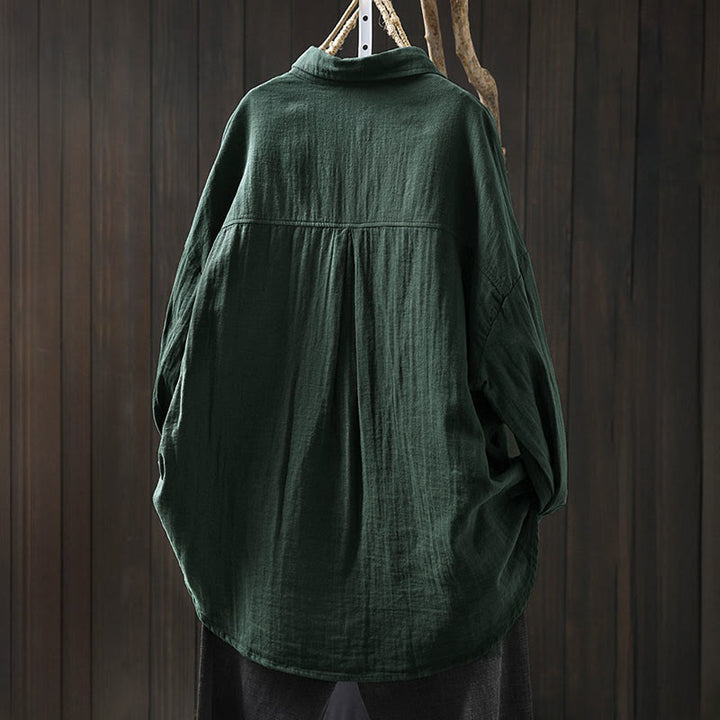 Buddha Stones秋 コントラストポケット ボタンダウン ロングスリーブ レディース コットンシャツ - image 1