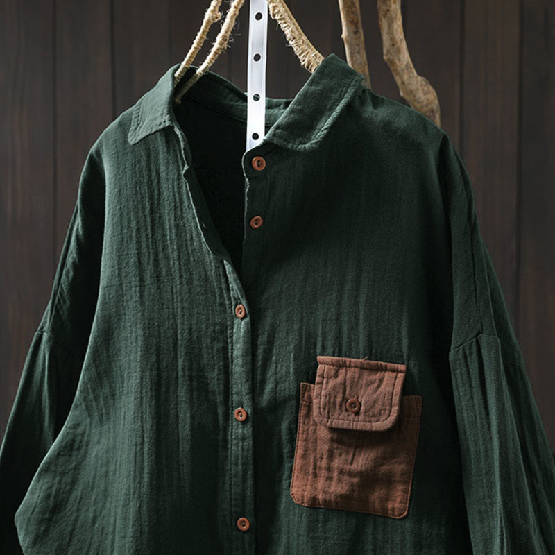 Buddha Stones秋 コントラストポケット ボタンダウン ロングスリーブ レディース コットンシャツ - image 2