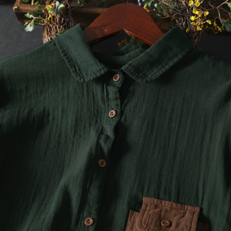 Buddha Stones秋 コントラストポケット ボタンダウン ロングスリーブ レディース コットンシャツ - image 4