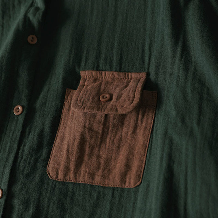 Buddha Stones秋 コントラストポケット ボタンダウン ロングスリーブ レディース コットンシャツ - image 5