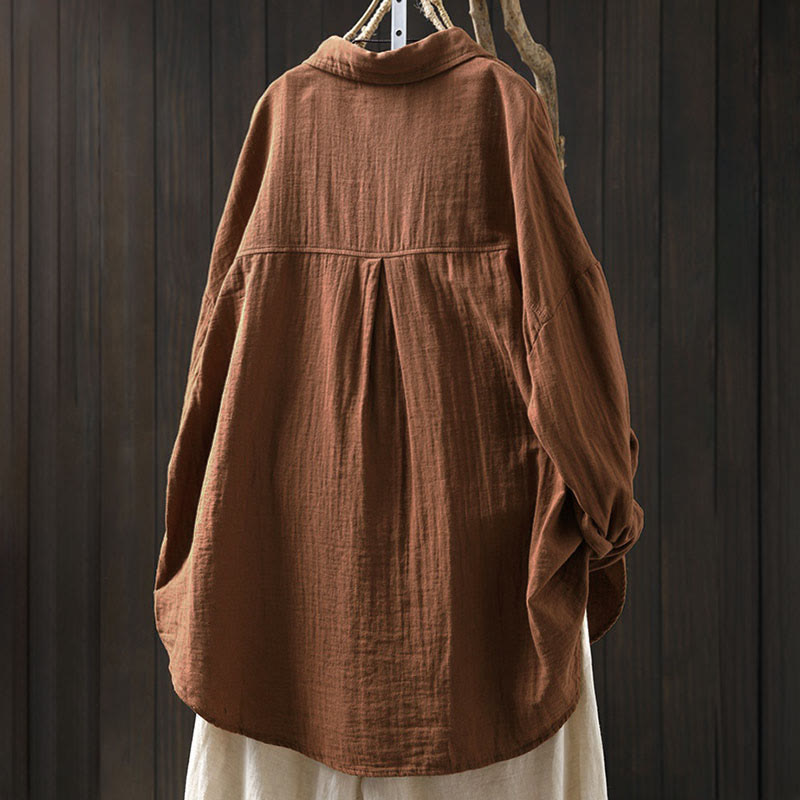 Buddha Stones秋 コントラストポケット ボタンダウン ロングスリーブ レディース コットンシャツ - image 15