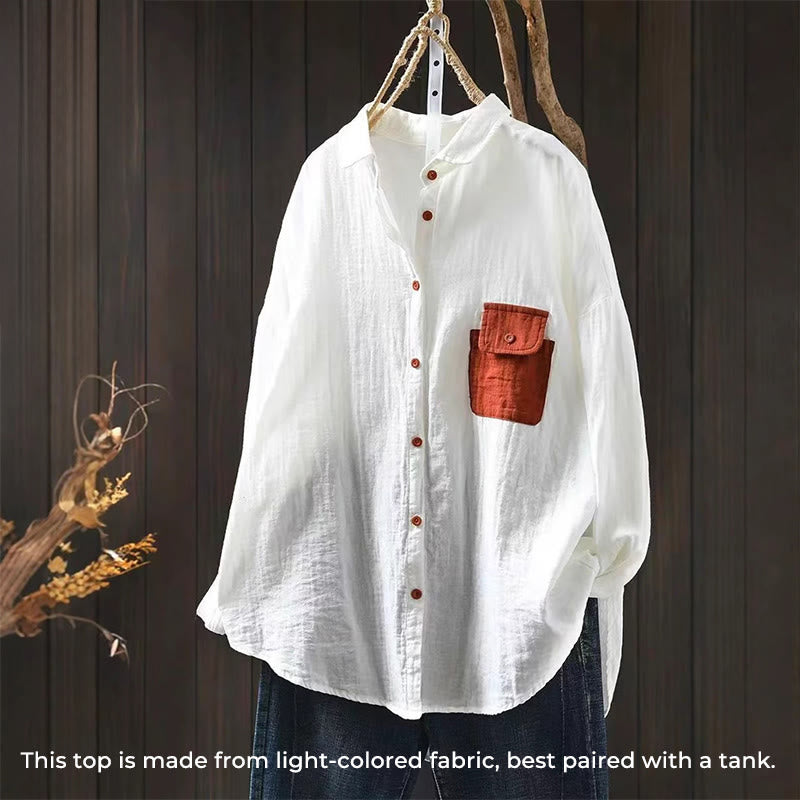 Buddha Stones秋 コントラストポケット ボタンダウン ロングスリーブ レディース コットンシャツ - image 12