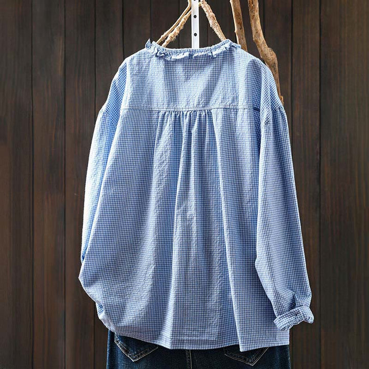 Buddha Stones春の小さめチェック柄ボタンダウンロングスリーブレディースコットンシャツ - image 1