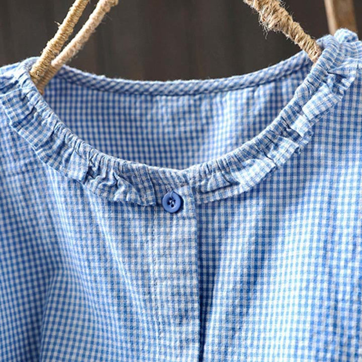 Buddha Stones春の小さめチェック柄ボタンダウンロングスリーブレディースコットンシャツ - image 4