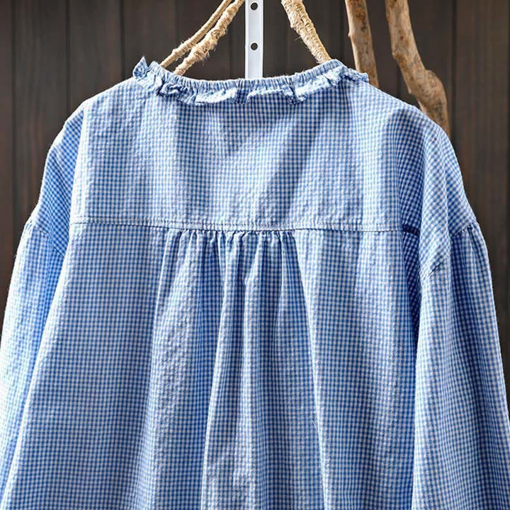 Buddha Stones春の小さめチェック柄ボタンダウンロングスリーブレディースコットンシャツ - image 3