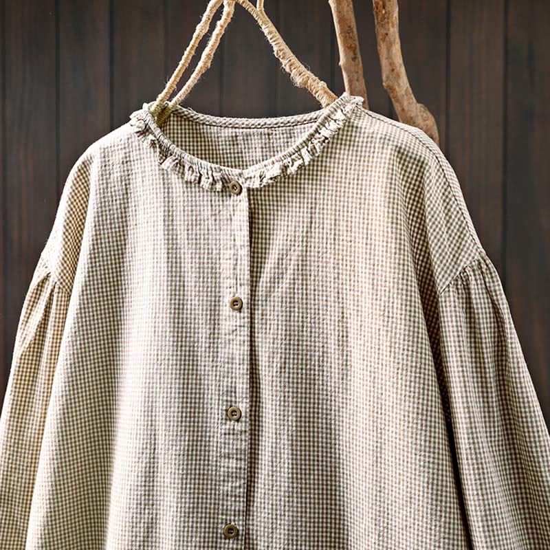 Buddha Stones春の小さめチェック柄ボタンダウンロングスリーブレディースコットンシャツ - image 14