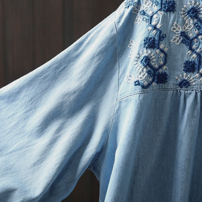 Buddha Stones幾何学模様花刺繍コットンデニムハーフボタン長袖レディースシャツ - image 9