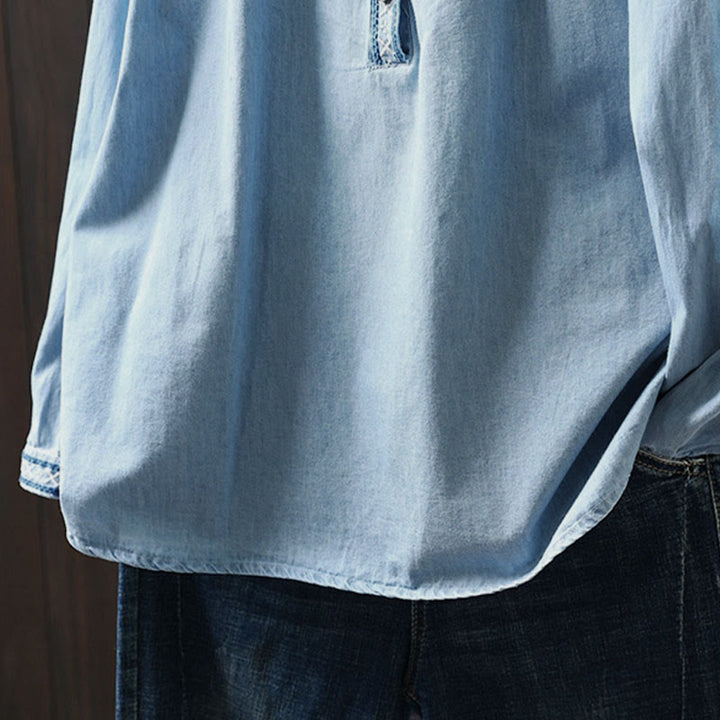 Buddha Stones幾何学模様花刺繍コットンデニムハーフボタン長袖レディースシャツ - image 12