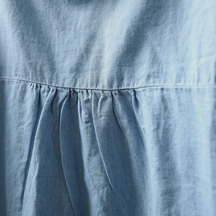 Buddha Stones幾何学模様花刺繍コットンデニムハーフボタン長袖レディースシャツ - image 7