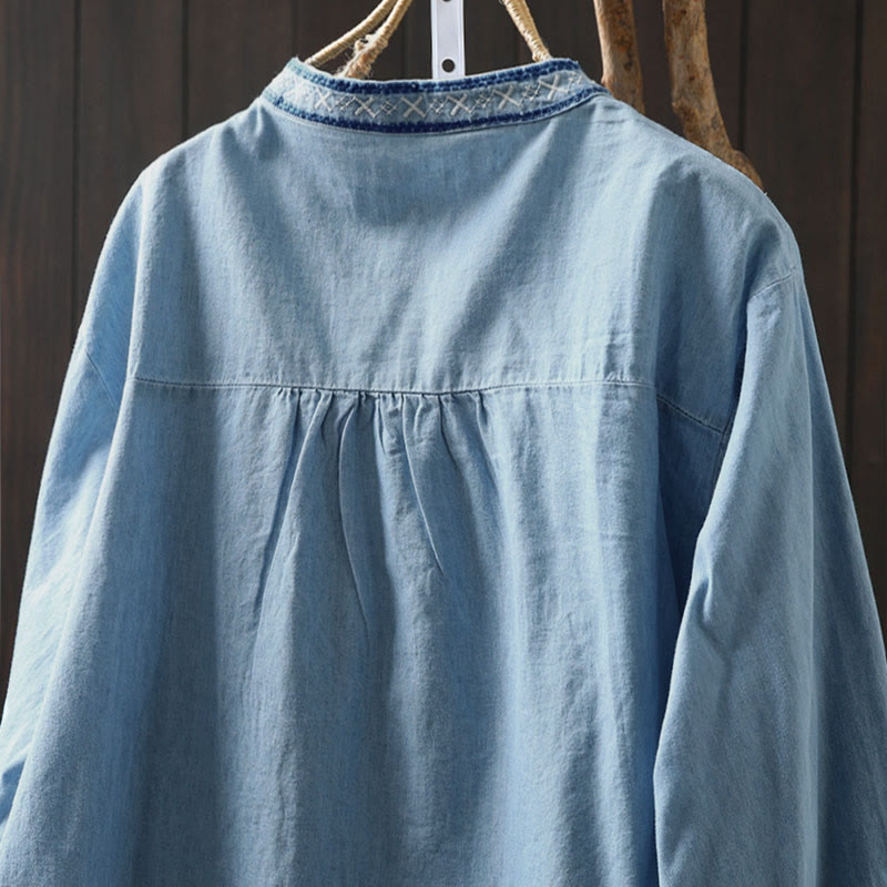 Buddha Stones幾何学模様花刺繍コットンデニムハーフボタン長袖レディースシャツ - image 4