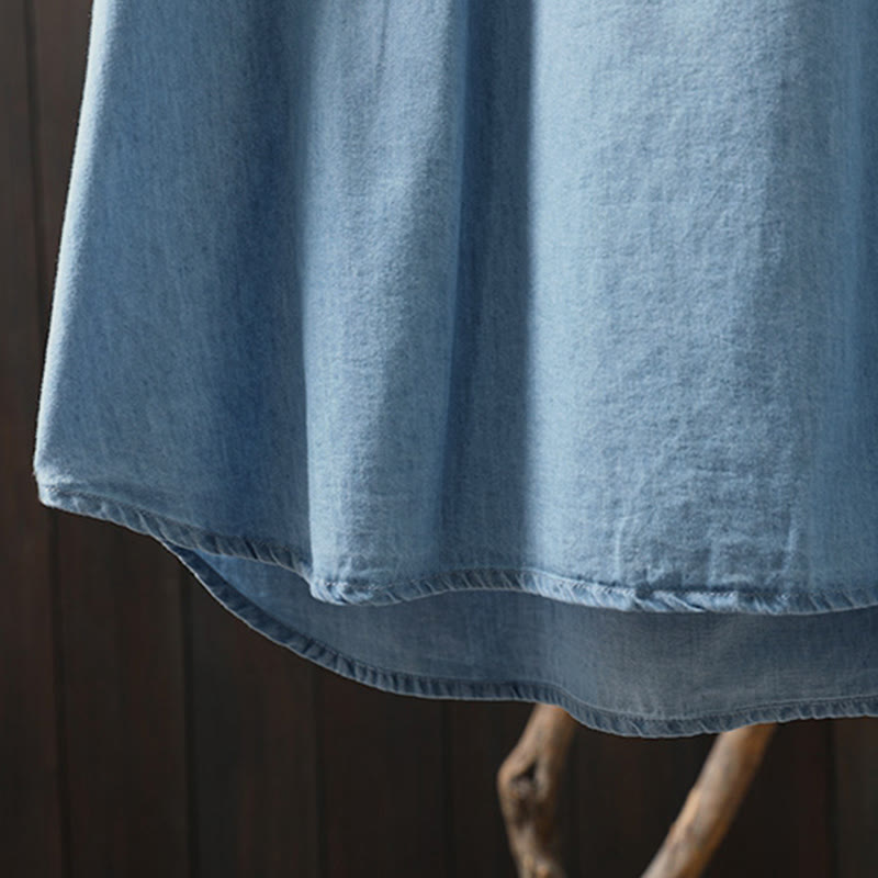 Buddha Stones幾何学模様花刺繍コットンデニムハーフボタン長袖レディースシャツ - image 13