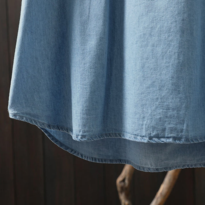 Buddha Stones幾何学模様花刺繍コットンデニムハーフボタン長袖レディースシャツ - image 13