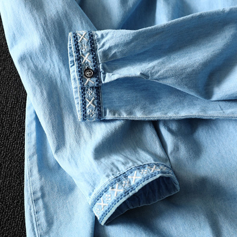 Buddha Stones幾何学模様花刺繍コットンデニムハーフボタン長袖レディースシャツ - image 11