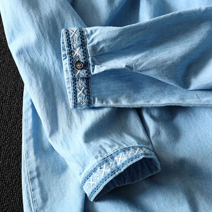 Buddha Stones幾何学模様花刺繍コットンデニムハーフボタン長袖レディースシャツ - image 11