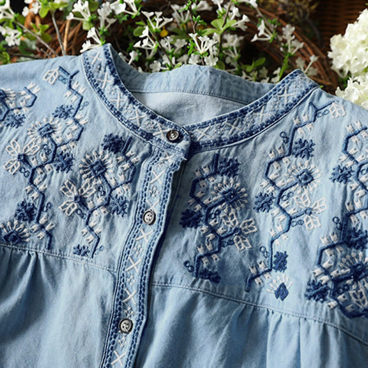 Buddha Stones幾何学模様花刺繍コットンデニムハーフボタン長袖レディースシャツ - image 8
