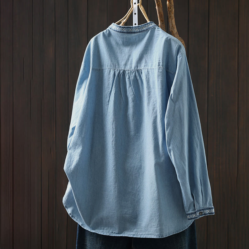 Buddha Stones幾何学模様花刺繍コットンデニムハーフボタン長袖レディースシャツ - image 1