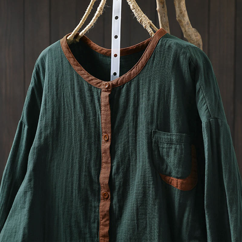 Buddha Stones春 コントラストボタンダウン ロングスリーブ レディース コットンシャツ - image 1