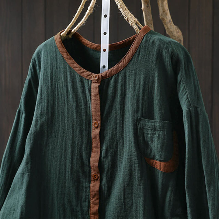 Buddha Stones春 コントラストボタンダウン ロングスリーブ レディース コットンシャツ - image 1