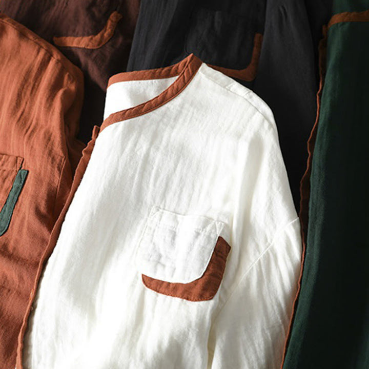 Buddha Stones春 コントラストボタンダウン ロングスリーブ レディース コットンシャツ - image 19