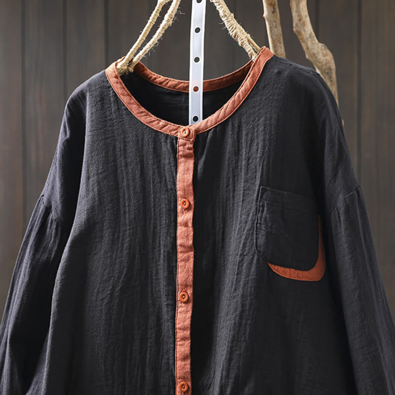 Buddha Stones春 コントラストボタンダウン ロングスリーブ レディース コットンシャツ - image 15