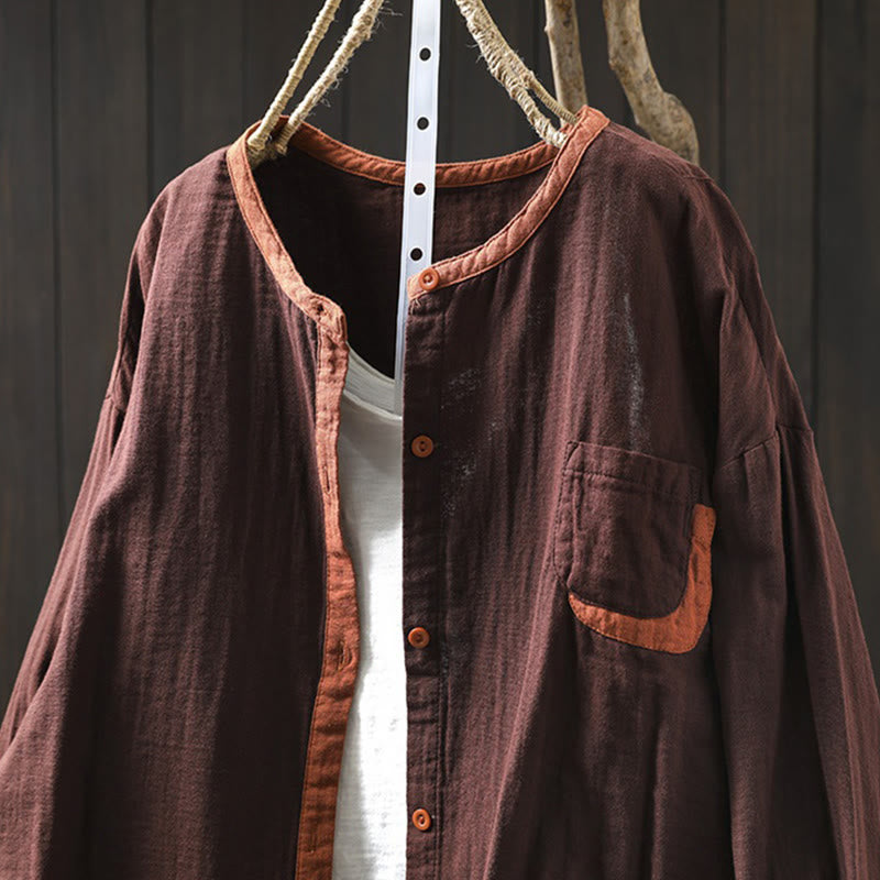 Buddha Stones春 コントラストボタンダウン ロングスリーブ レディース コットンシャツ - image 17