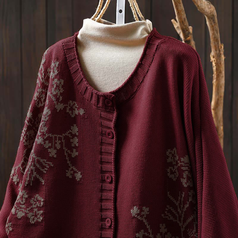 Buddha Stonesフローラルボタンコットンレディースロングバットウィングスリーブニットカーディガン - image 1