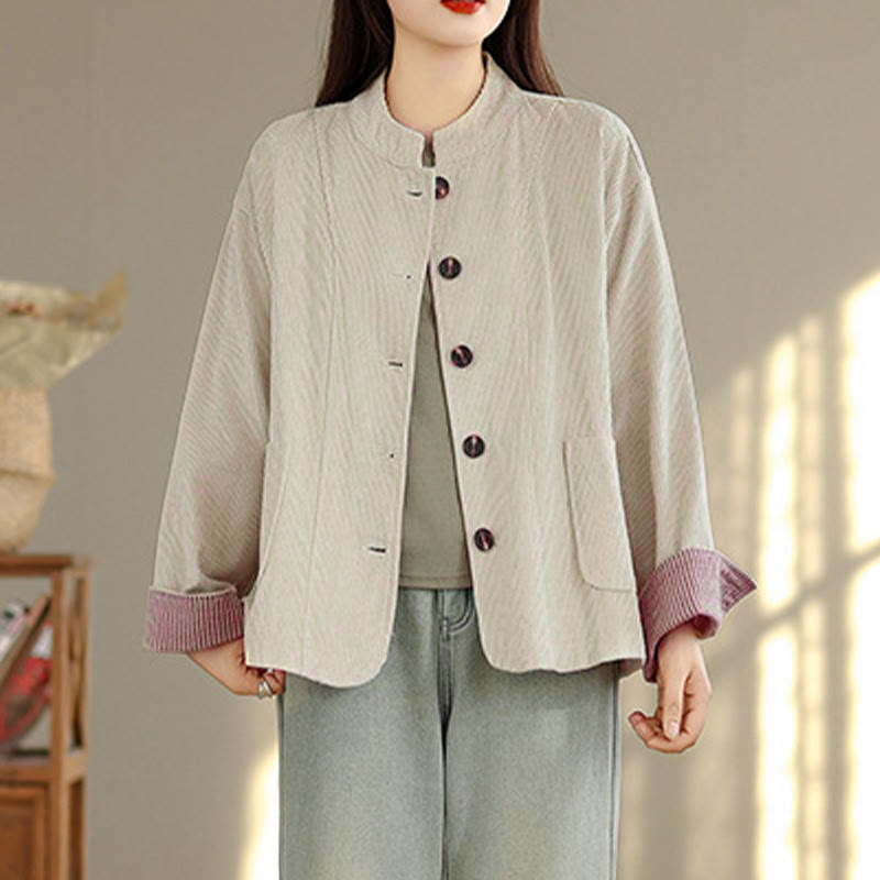 Buddha Stonesボタンデザインコーデュロイ長袖レディースジャケット（ポケット付き） - image 3