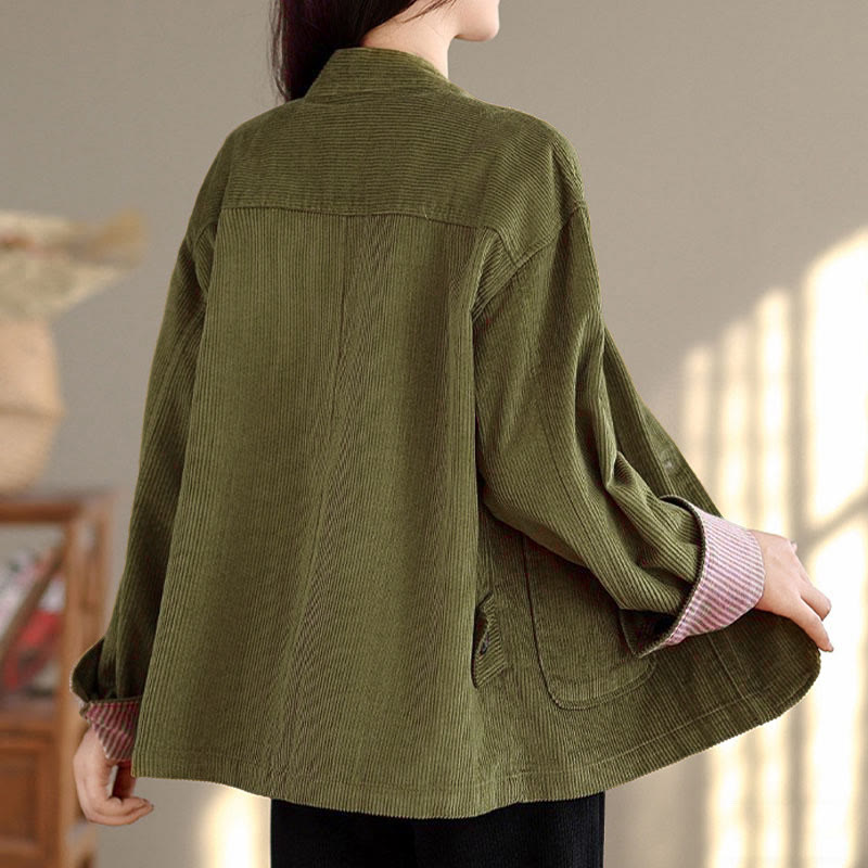 Buddha Stonesボタンデザインコーデュロイ長袖レディースジャケット（ポケット付き） - image 9