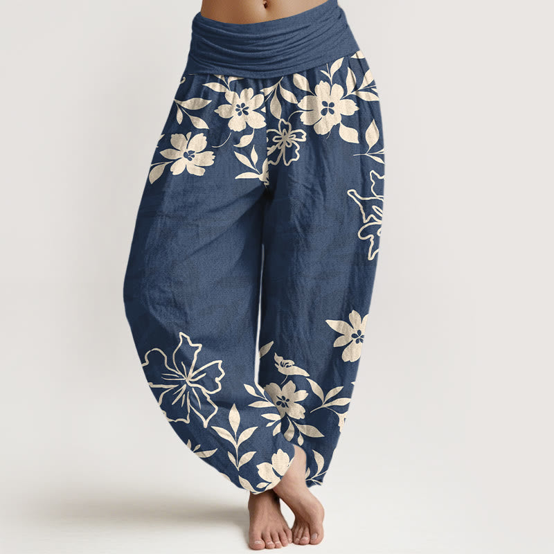 Buddha Stonesコットン レトロ シンプル 花 葉柄 レディース 伸縮性ウエスト ハーレムパンツ - スチールブルー - US16、 UK/AU20、 EU48 (3XL) - image 0