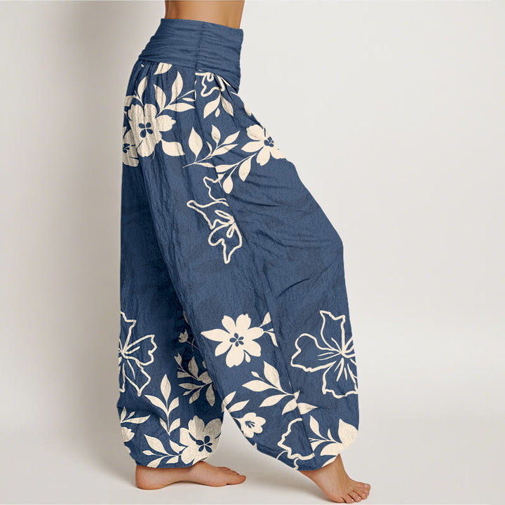Buddha Stonesコットン レトロ シンプル 花 葉柄 レディース 伸縮性ウエスト ハーレムパンツ - image 2