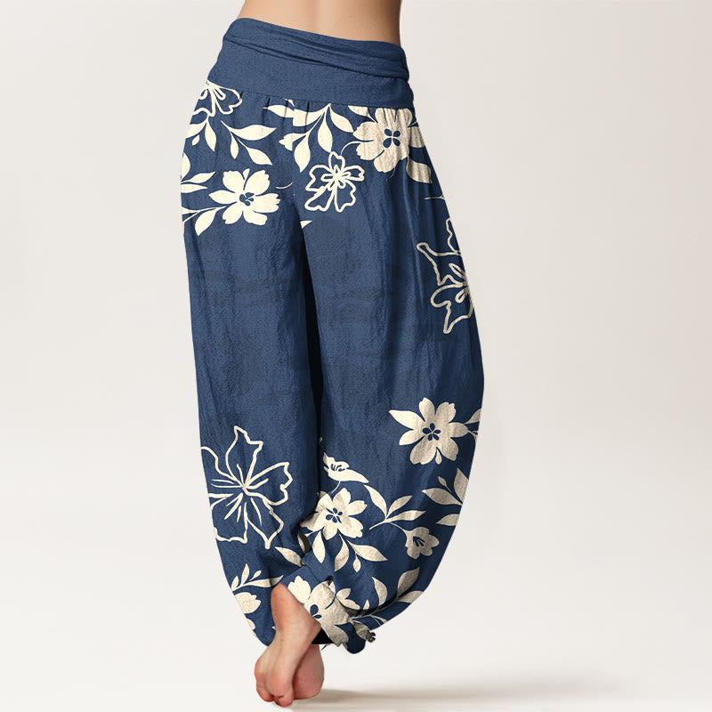 Buddha Stonesコットン レトロ シンプル 花 葉柄 レディース 伸縮性ウエスト ハーレムパンツ - image 1
