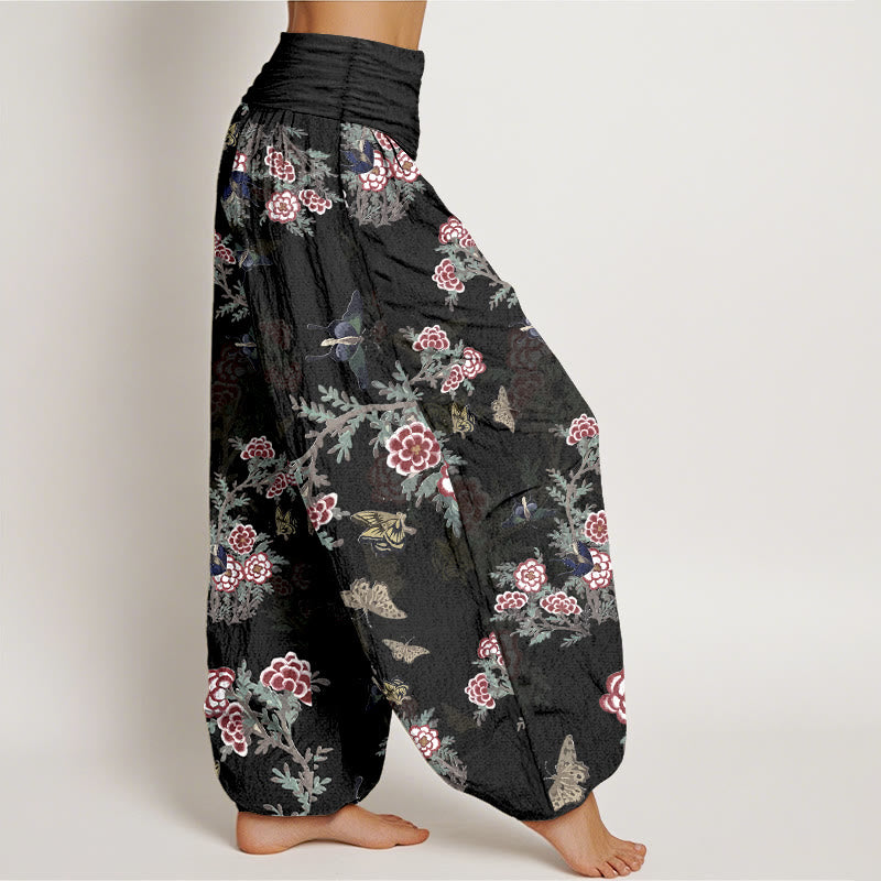 Buddha Stonesコットン花葉蝶柄レディース伸縮性ウエストハーレムパンツ - image 2