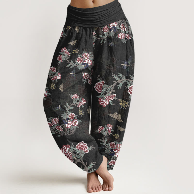 Buddha Stonesコットン花葉蝶柄レディース伸縮性ウエストハーレムパンツ - 黒 - US16、 UK/AU20、 EU48 (3XL) - image 0