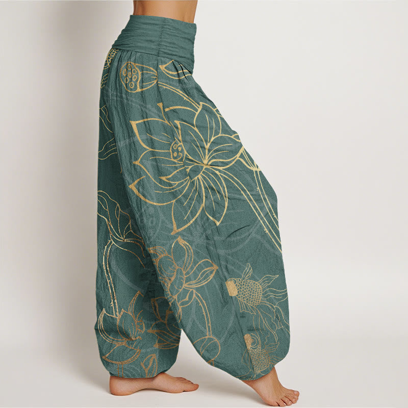 Buddha Stonesコットン ロータス鯉レディース 伸縮性ウエスト ハーレムパンツ - image 1