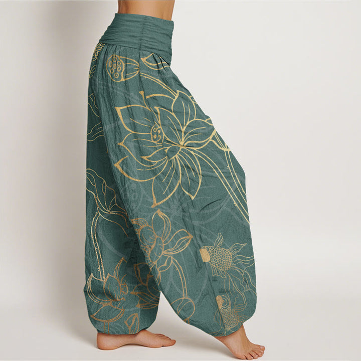 Buddha Stonesコットン ロータス鯉レディース 伸縮性ウエスト ハーレムパンツ - image 1