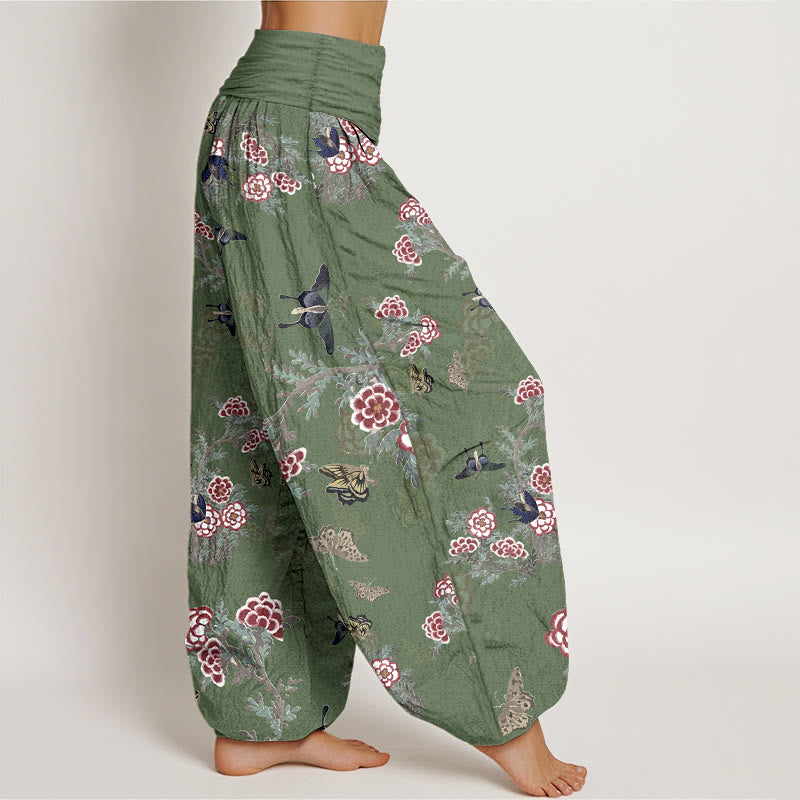 Buddha Stonesコットン花葉蝶柄レディース伸縮性ウエストハーレムパンツ - image 7