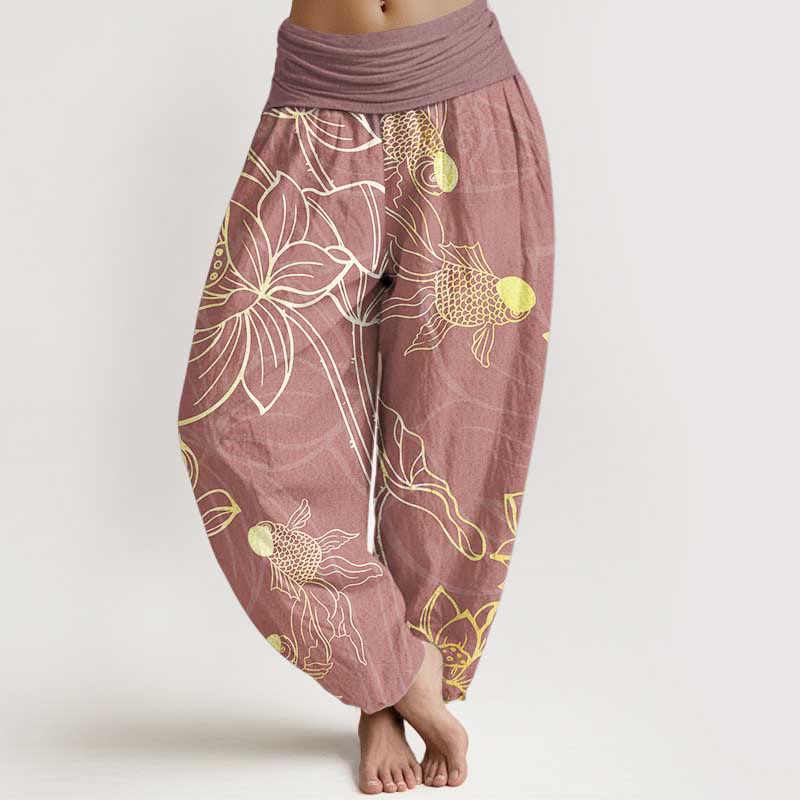 Buddha Stonesコットン ロータス鯉レディース 伸縮性ウエスト ハーレムパンツ - 淡い紫がかった赤 - US22、 UK/AU26、 EU54 (6XL) - image 13