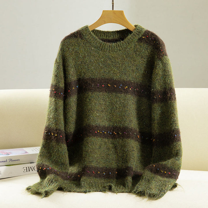 Buddha Stones冬 ストライプ柄 クルーネック 長袖 レディース コットンセーター - オリーブドラブ - US4、 UK/AU8、EU36（F） - image 0