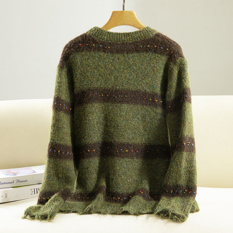 Buddha Stones冬 ストライプ柄 クルーネック 長袖 レディース コットンセーター - image 1