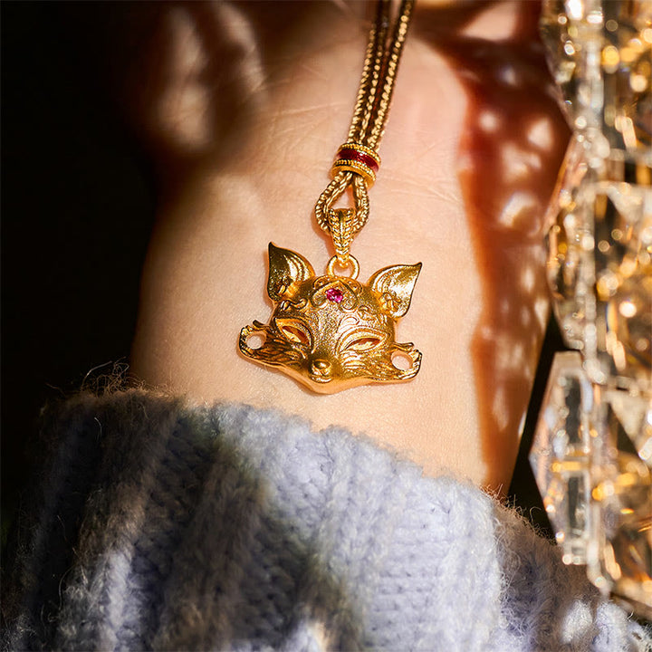 Buddha Stones 24Kゴールドメッキ真鍮フォックスチャームテクスチャロープネックレスペンダント - image 6