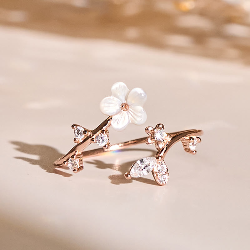 Buddha Stones925スターリングシルバー ホワイトフラワーデザイン 調節可能な良縁祈願リング - ローズゴールド - image 0