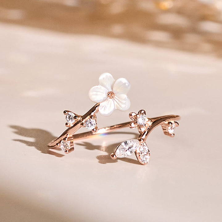 Buddha Stones925スターリングシルバー ホワイトフラワーデザイン 調節可能な良縁祈願リング - ローズゴールド - image 0