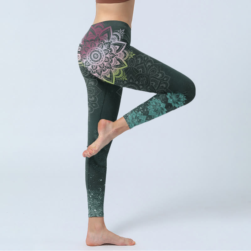 Buddha Stones、シンメトリーマンダラ、蓮の花柄プリントジムレギンス、レディースヨガパンツ - image 3